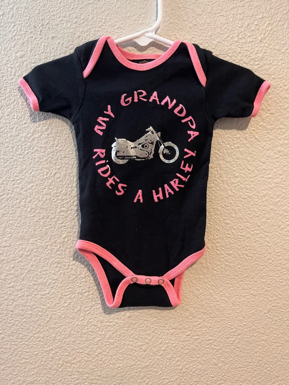 Harley Davidson Baby Girl My Grandpa Rides A Harley Bodysuit Pink Black 3/6 M